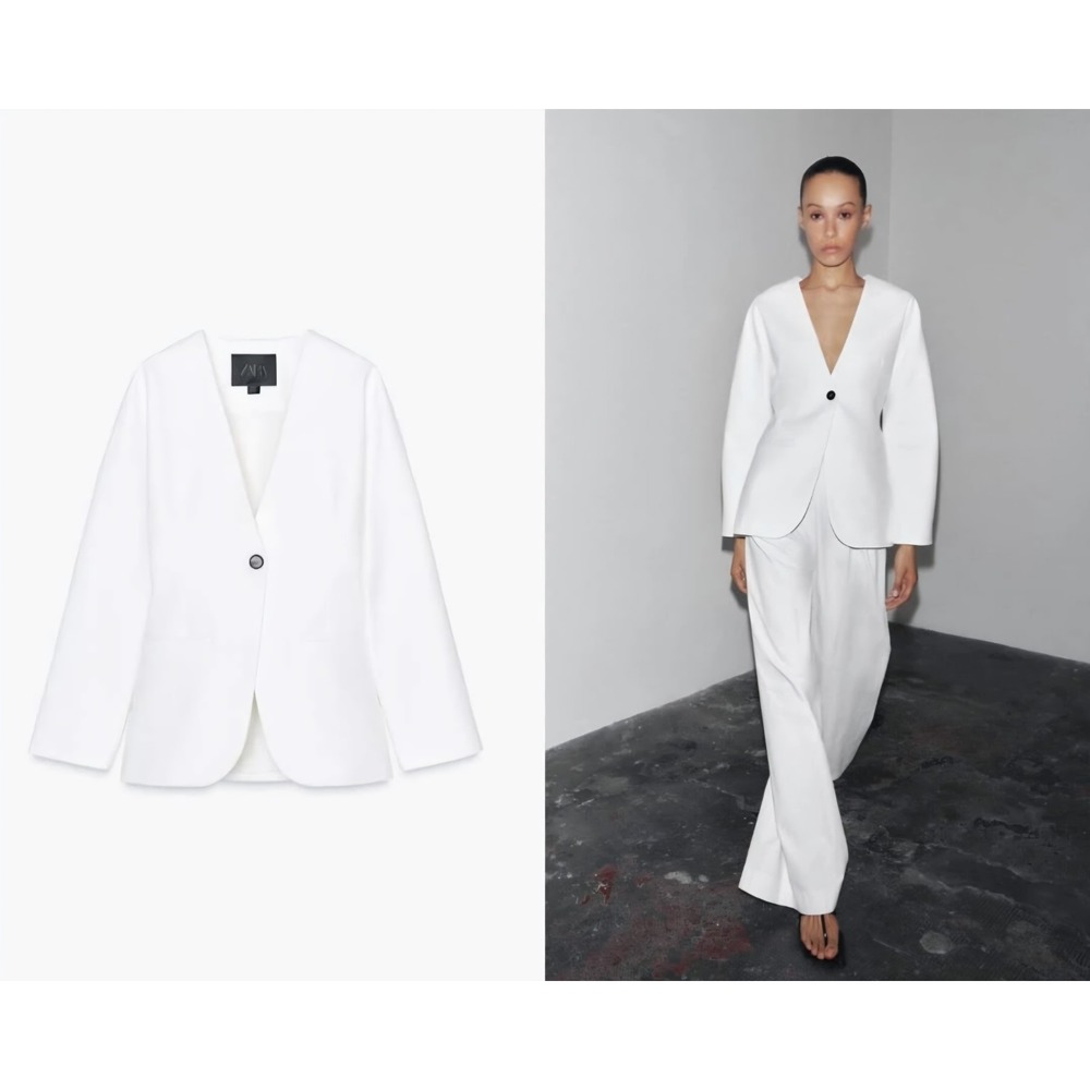 Zara Women White Fitted V-Neck Blazer Jacket Deep V Collarless One Button Large
